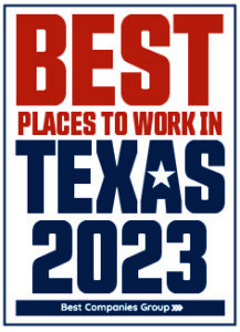 Logo that says "Best place to work in Texas 2023"