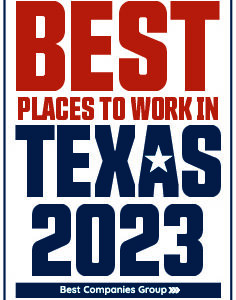 Logo that says "Best place to work in Texas 2023"