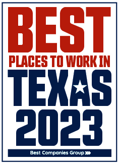 Logo that says "Best place to work in Texas 2023"